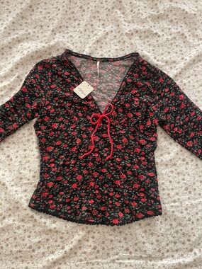Free People Long Sleeve Black Floral Tie-Front Top with Red Rose Print